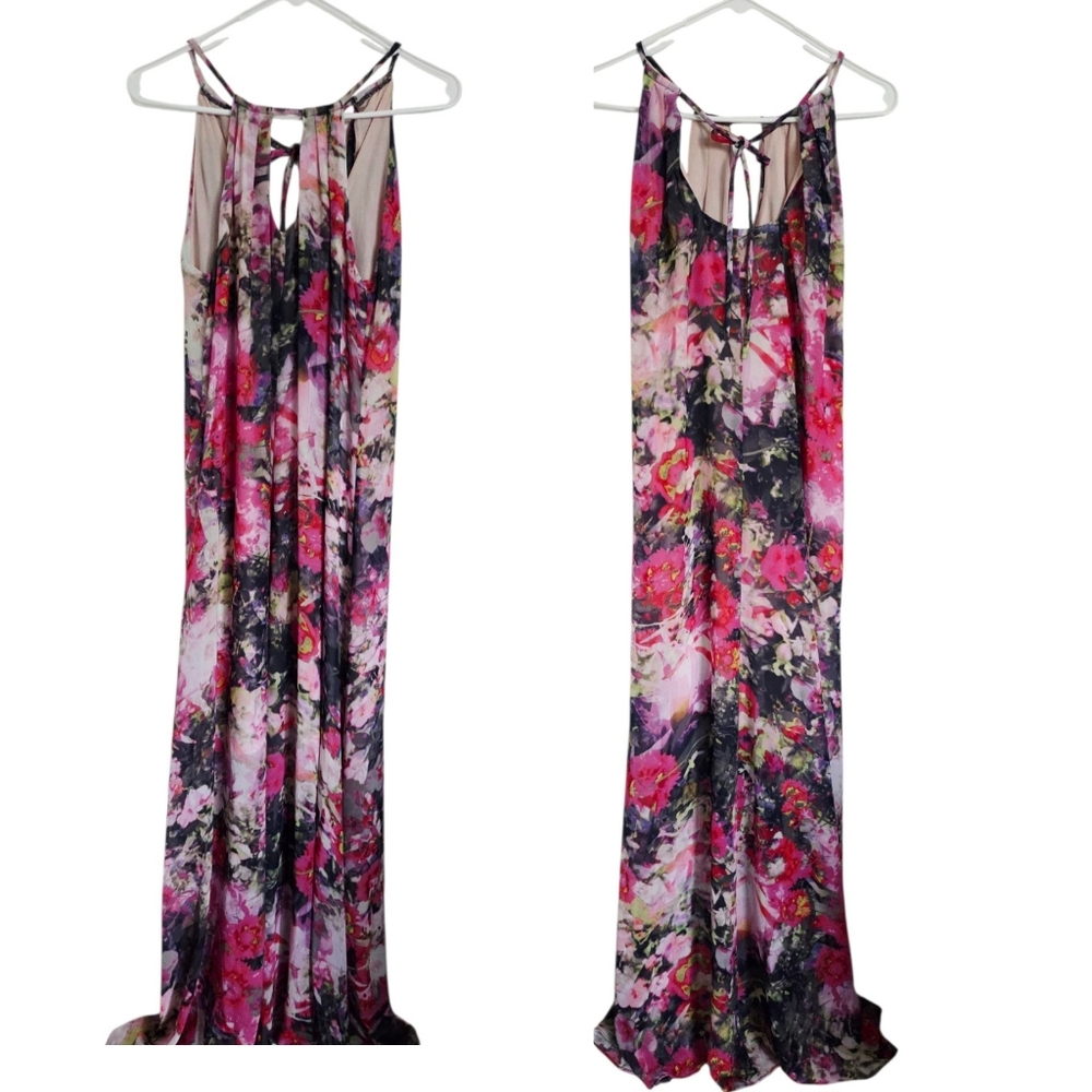 Maggy London Maxi Dress‎ Vibrant Floral Magenta Size 6 Chiffon Keyhole Flowy NEW